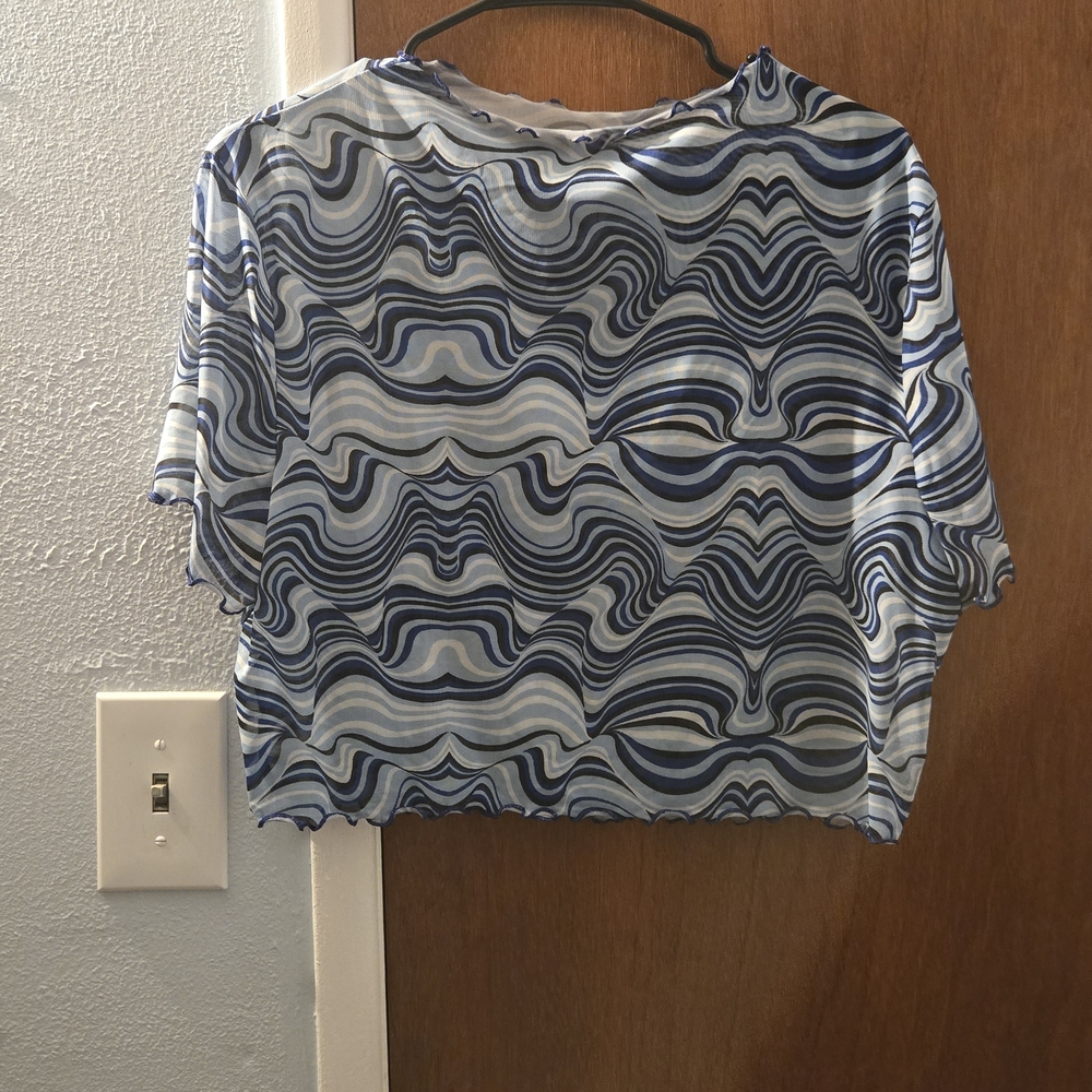 Sheer Blue and White Wave Pattern Women's Top